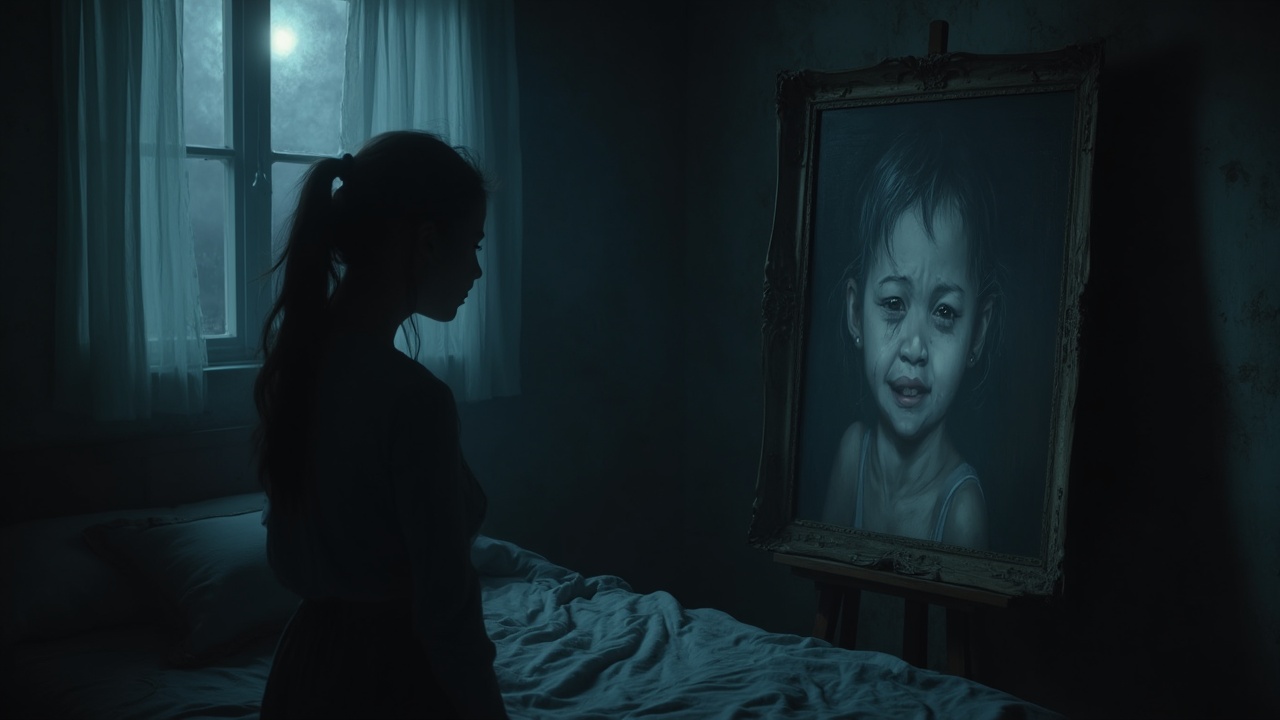 AI generated image by FLUX-Realism-Lora: An intense scene at night where the woman stands in her bedroom, paralyzed with fear, staring at the painting. Her face is illuminated by the moonlight streaming through a nearby window, while the painting’s boy seems to smirk slightly, his tears diminished. The atmosphere is suffocating, with cold, eerie tones dominating the image.