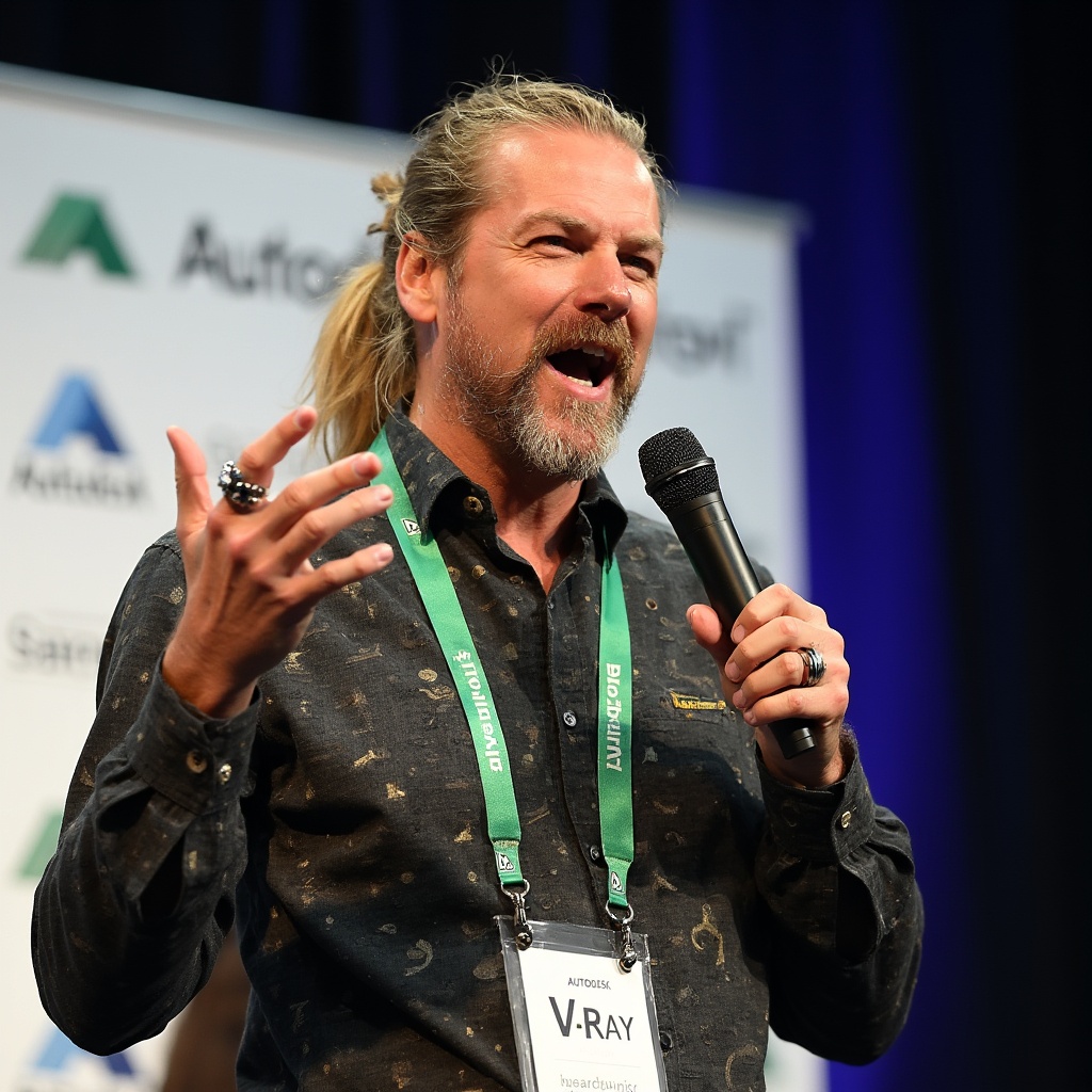 AI generated image by FLUX-Realism-Lora: A charismatic speaker is captured mid-speech. He has long, slightly wavy blonde hair tied back in a ponytail. His expressive face, adorned with a salt-and-pepper beard and mustache, is animated as he gestures with his left hand, displaying a large ring on his pinky finger. He is holding a black microphone in his right hand, speaking passionately. The man is wearing a dark, textured shirt with unique, slightly shimmering patterns, and a green lanyard with multiple badges and logos hanging around his neck. The lanyard features the "Autodesk" and "V-Ray" logos prominently. Behind him, there is a blurred background with a white banner containing logos and text, indicating a professional or conference setting. The overall scene is vibrant and dynamic, capturing the energy of a live presentation.