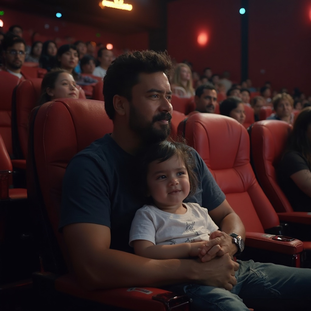 AI generated image by FLUX-Realism-Lora: " IMG_1024.HEIC " family Malay Men in cinema Watching Venom movie