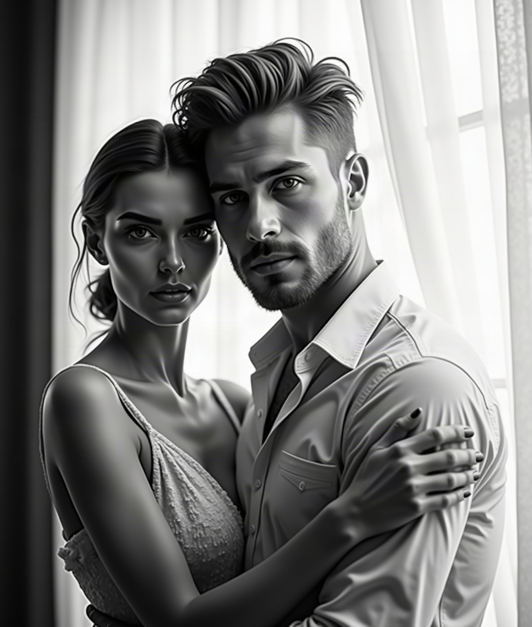 AI generated image by FLUX.1-image-to-image: Create a realistic black-and-white intimate portrait of a different couple in the same composition: woman in front, man close behind her, her eyes visible above his forearm in the foreground. Preserve the exact facial features of the provided references. Dark background, soft dramatic lighting, natural skin texture, shallow depth of field, high contrast, 3:2 HD.