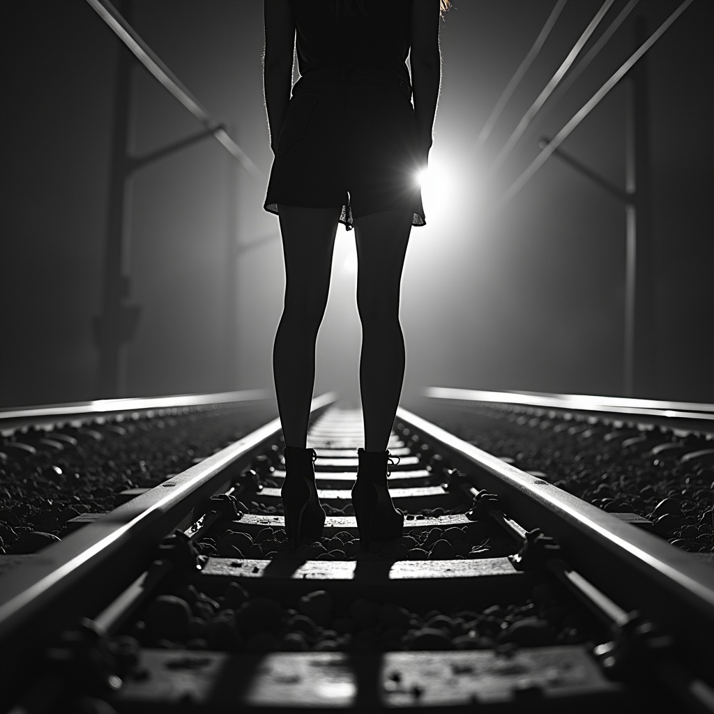 AI generated image by FLUX.1-image-to-image: A black-and-white central compositioned closeup photo at night. The silhouette of a woman's legs stands with her back to the camera on railroad tracks, facing the background. A spotlight from the background shines between her legs. dramatic backlit lighting