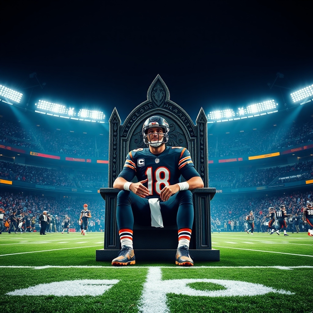 AI generated image by FLUX.1-schnell: Bears QB Caleb Williams 18 sitting on the NFC north throne. In the great Halas hall
