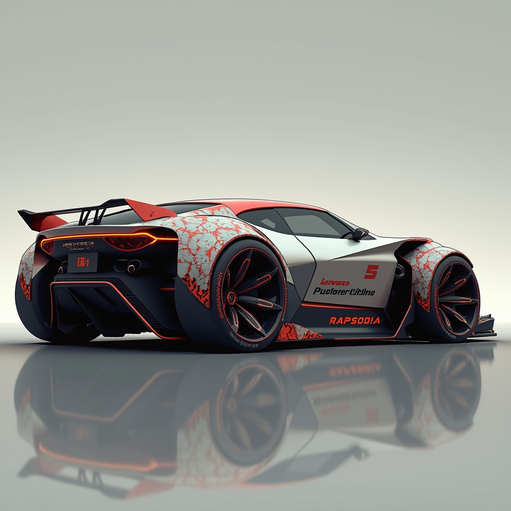 AI generated image by FLUX.1-pro: El boceto de un auto deportivo futurista llamado RAPSODIA con diseños de número 5 en los spoilers de las ruedas
