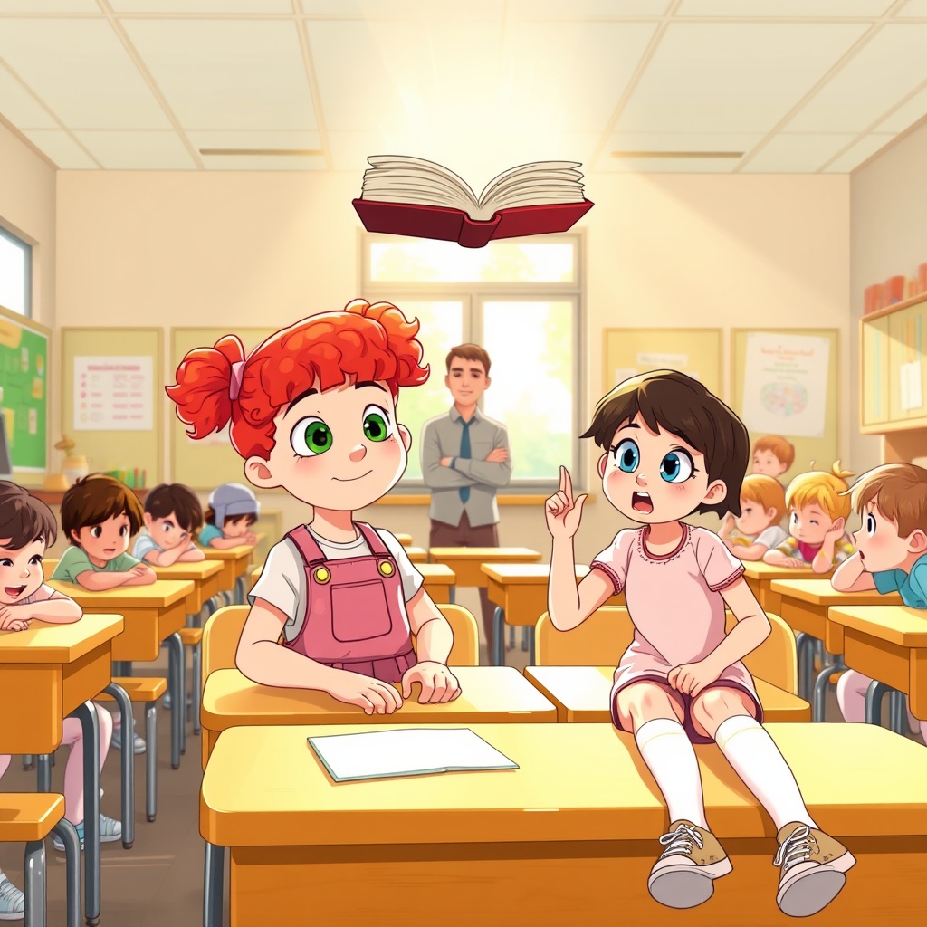 AI generated image by FLUX.1-schnell: A lively elementary school classroom during a science lesson. Sunlight streams through large windows, casting a warm glow. Students sit at their desks, engaged in the lesson—until something magical happens!

Liora: A 6-year-old girl with curly red hair in two high pigtails, bright green eyes, wearing a white t-shirt and pink short overalls. She sits at her desk, her eyes wide in shock as a book levitates above her, hands frozen on the desk.

Finn: A 6-year-old girl with short, wavy dark brown hair, big blue eyes, wearing a light pinkish t-shirt and shorts, knee-high white socks, and light-colored sneakers. She is sitting at her desk, her eyes widened in fear, hands slightly raised in panic, unsure of what to do.

Teacher: A calm and observant male teacher standing at the front of the class, arms crossed, analyzing the situation with curiosity rather than fear.

Other Students: Various reactions—some staring in shock, some hiding in fear, while one student in the back is nearly falling off their chair.

The Book: Glowing softly with a mystical blue-green aura, floating and slowly rotating in mid-air. Suddenly, it drops to the desk, making a thud, silencing the entire class.

Classroom Environment: Walls decorated with colorful posters, student projects, and scientific diagrams, illuminated by natural light, creating a vibrant and welcoming atmosphere.
