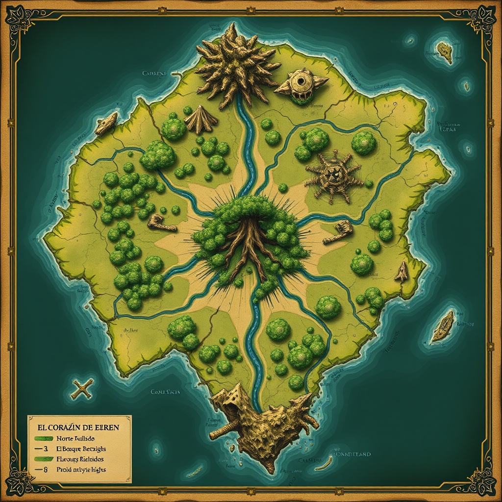 AI generated image by FLUX.1-schnell: 
---

Boceto del Mapa de Eiren (Descripción Visual Paso a Paso):

Forma general del continente-isla:

Forma ovalada, ligeramente irregular.

Piensa en una hoja grande, con venas centrales (ríos) que parten del centro hacia los bordes.

Orientación norte-sur.



---

Centro: EL CORAZÓN DE EIREN

El Gran Árbol Raíz (como un punto central gigante).

Rodeado por un bosque frondoso, llamado El Corazón de Eiren.

Desde el árbol, cuatro grandes ríos parten hacia los puntos cardinales.



---

NORTE: EL BOSQUE DEL OLVIDO

Zona boscosa con árboles retorcidos.

Ruinas humanas dispersas, medio cubiertas de niebla.

Un claro llamado El Refugio de los Susurros (donde se oyen las voces de los antiguos guardianes humanos).



---

NOROESTE: VALLE DE LAS RUNAS ROTAS

Tierra cuarteada, marcada con runas antiguas.

Fisuras que brillan débilmente de noche.

Aquí el terreno es inestable y hay monolitos caídos.



---

NORESTE: MONTAÑAS HUECAS

Tres montañas grandes en línea, llenas de cuevas profundas.

Valle oculto entre las montañas donde se esconde la familia perdida de Nara.

Ruinas de piedra con símbolos desconocidos.



---

OESTE: COSTAS DEL SILENCIO

Extensa playa curva.

Aguas negras golpeando los acantilados.

Un antiguo muelle abandonado de piedra, medio derrumbado.



---

ESTE: COLINAS DEL ECO

Suaves colinas onduladas, piedras verticales (tipo Stonehenge).

El viento pasa por ellas y canta notas extrañas.

Aquí se celebraban los antiguos pactos.



---

SUR: TIERRAS DEL RÍO ROJO Y CIÉNAGA DE LOS LAMENTOS

Ríos que parecen de sangre cruzan una llanura árida.

Zona pantanosa llamada La Ciénaga de los Lamentos.

Territorio de Varkhan y su manada.



---

SUR PROFUNDO: ISLA DE LAS ESTRELLAS CAÍDAS

Una pequeña isla visible solo cuando baja la marea.

Envuelta en nieblas constantes.

Lugar donde las leyendas dicen que cayó el primer guardián humano.



---


---

Extras Visuales del Boceto:

Ríos como venas desde el árbol central hacia los extremos.

Líneas de montañas naturales como fronteras de regiones.

Rosa de los vientos en la esquina inferior derecha.

Títulos caligráficos de cada región.

Pequeñas ilustraciones:

Un árbol gigante en el centro.

Ruinas, cuevas, estatuas y mares en los bordes.




---

Sugerencias para Dibujo Manual:

1. Empieza por el óvalo base.


2. Dibuja el Gran Árbol en el centro y extiende 4 ríos hacia norte, sur, este y oeste.


3. Marca los puntos cardinales y divide el espacio en regiones según lo explicado.


4. Añade pequeños detalles: montañas al noreste, ruinas en el noroeste, costas en el oeste, colinas en el este, y la isla en el sur profundo.


5. Colorea en tonos tierra, verde musgo y azul oscuro para el agua y el cielo.


es para una saga de 7 libros en la que los protagonistas son perros, otros animales y los humanos