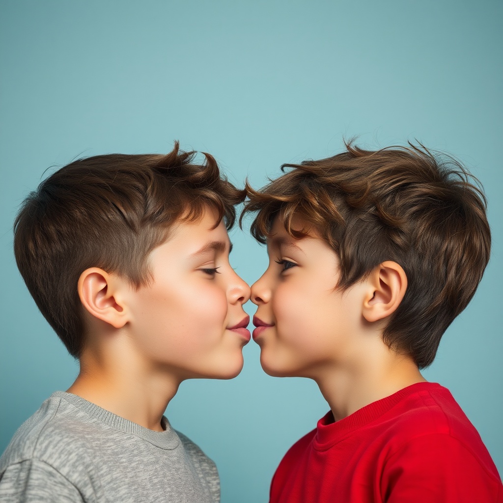AI generated image by FLUX.1-schnell: deux garçons de huit ans face à face et s'embrassant sur la bouche