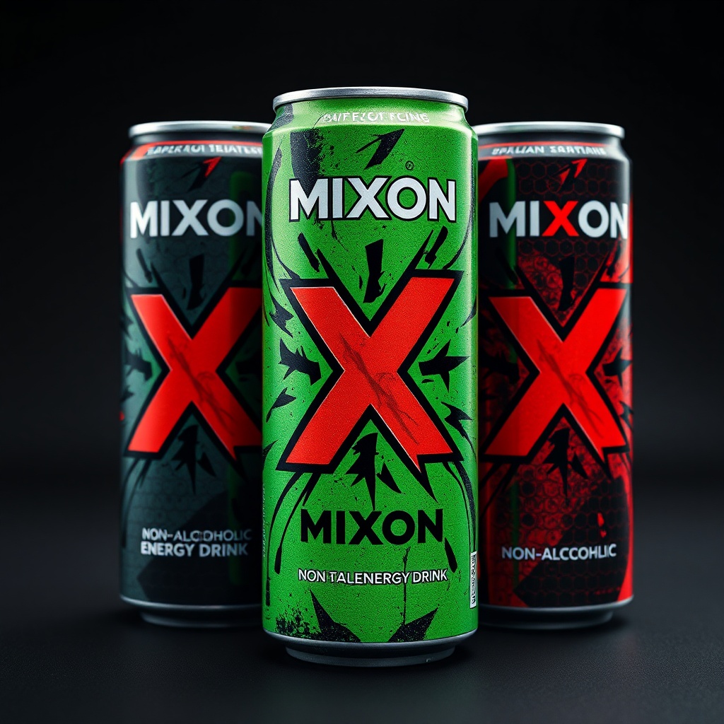 AI generated image by FLUX.1-schnell: a raw, hyper-realistic photo,UHD,8k::an image of a striking, dynamic MIXON beverage can with abstract shapes and patterns, embodying energy and aimed at a youthful audience. The MIXON brand logo is prominently placed in the center with a bright red "X" standing out among other colors. This is a non-alcoholic energy drink. The cans are presented in the following color options:
- Original design: green with black