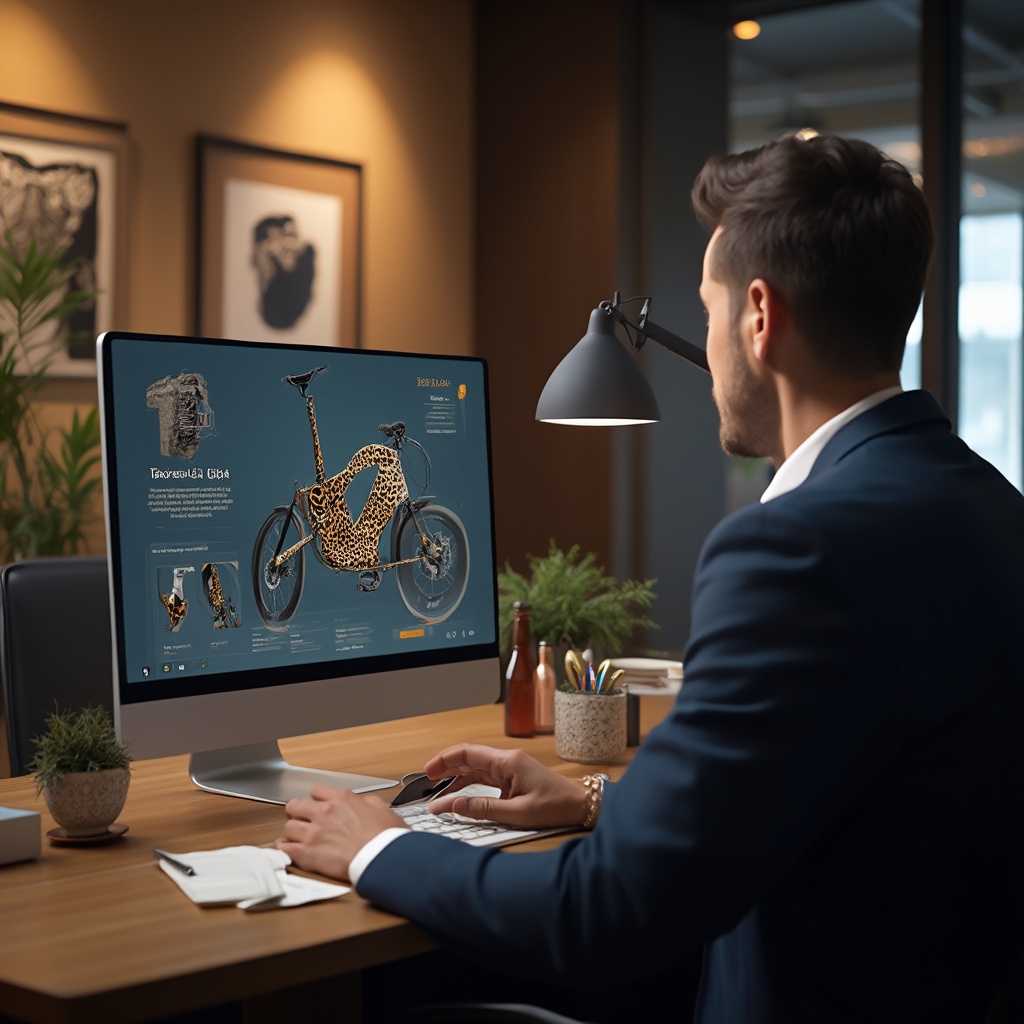 AI generated image by FLUX-Realism-Lora: “Create an image depicting a luxury e-bike concierge at their desk, viewing detailed information about a customer’s customized e-bike with a leopard-print design on a computer screen. The office setting should be modern and sophisticated, with warm lighting and stylish decor to convey a high-end service atmosphere. The computer screen displays a user interface showing the leopard-print e-bike’s custom design elements and maintenance status. Subtle branding elements in the background reinforce the exclusive nature of the service. The overall scene should exude professionalism, personal attention, and luxury.”