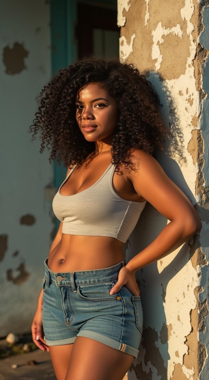 AI generated image by FLUX.1-pro: A young Latina woman with defined curves stands in front of a weathered corner house with peeling paint and exposed concrete. She wears a tight crop top and denim shorts, her curly hair bouncing around her shoulders. Her stance is bold, one hand on her hip, the other relaxed. The sunlight hits her skin, casting warm shadows across the textured wall behind her.