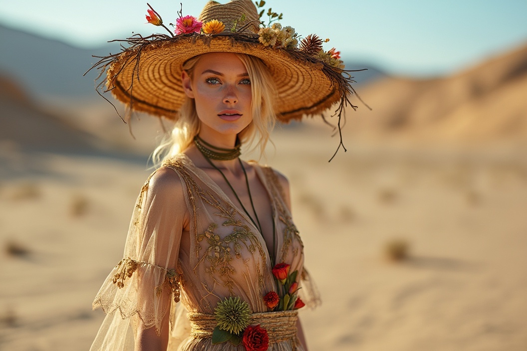 AI generated image by FLUX.1-pro: A full-body shot fashion model stands looking at the camera in a desert wearing an intricate, nature-inspired, transparent gown with delicate, colorful embellishments that mimic flowers and natural textures. The gown has a handmade, organic look, mixing earthy browns, greens and vibrant accent colors. The model wears a large, wide-brimmed straw hat decorated with dried flowers and branches, enhancing the natural, bohemian feel. The bare desert is in the background. The overall look is a mix of grace and ruggedness, evoking the feeling of a journey through nature.