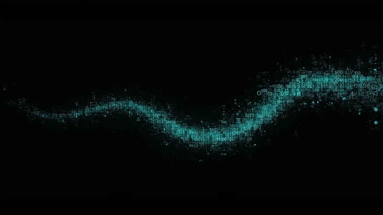 AI generated image by FLUX-Realism-Lora: a swooshing trail made from thousands of turquoise numbers and formulas. it starts on the right side of the picture from a point and then grows larger and fades out towards the left side of the image. on a black background. like a png with black only background.