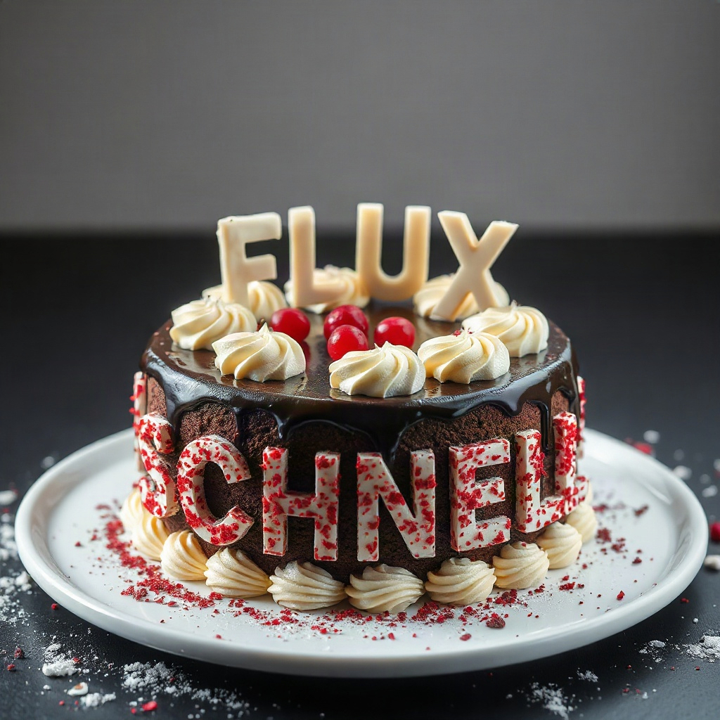 AI generated image by FLUX.1-schnell: black forest gateau cake spelling out the words "FLUX SCHNELL", tasty, food photography, dynamic shot