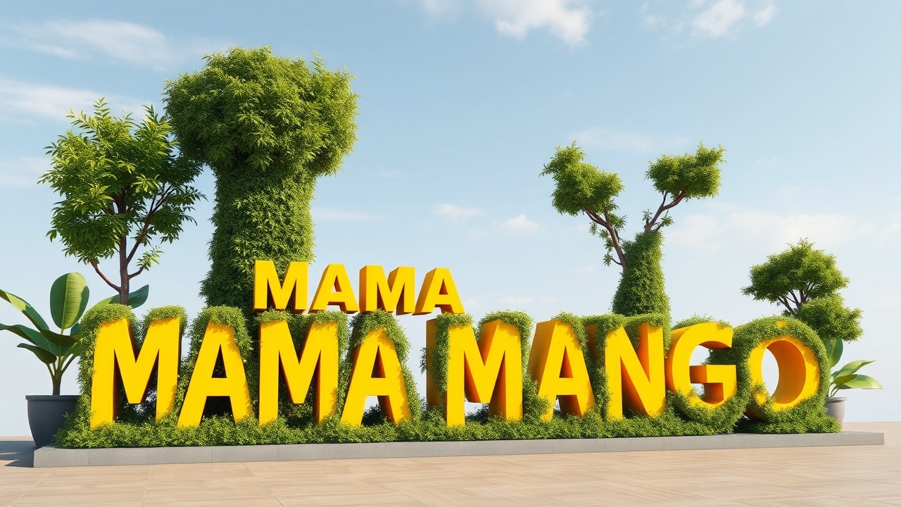 AI generated image by FLUX.1-schnell: Create a 3d version of the text MAMA MANGO. The text's iconic yellow should be preserved, and the name 'MAMA MANGO' should be clearly visible . Enhance the text with greenery, vertical gardens for a sustainable look. The surroundings should be calm, 
