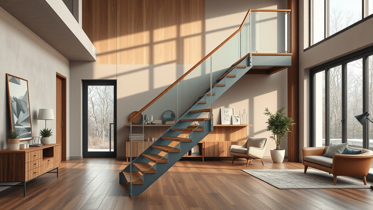 AI generated image by FLUX.1-schnell: An artistic and modern illustration of a staircase showcasing popular materials like metal, wood, and glass, symbolizing their use in contemporary northern European homes. The staircase is the centerpiece, with sleek and elegant design, blending industrial and natural elements. Surrounding the staircase is a warm, cozy indoor setting with large windows letting in natural light, subtle décor, and minimalist furniture. The materials are highlighted with texture and shine to emphasize their uniqueness. The style is professional and aesthetically balanced, using muted yet rich colors like warm wood tones, metallic greys, and transparent glass effects