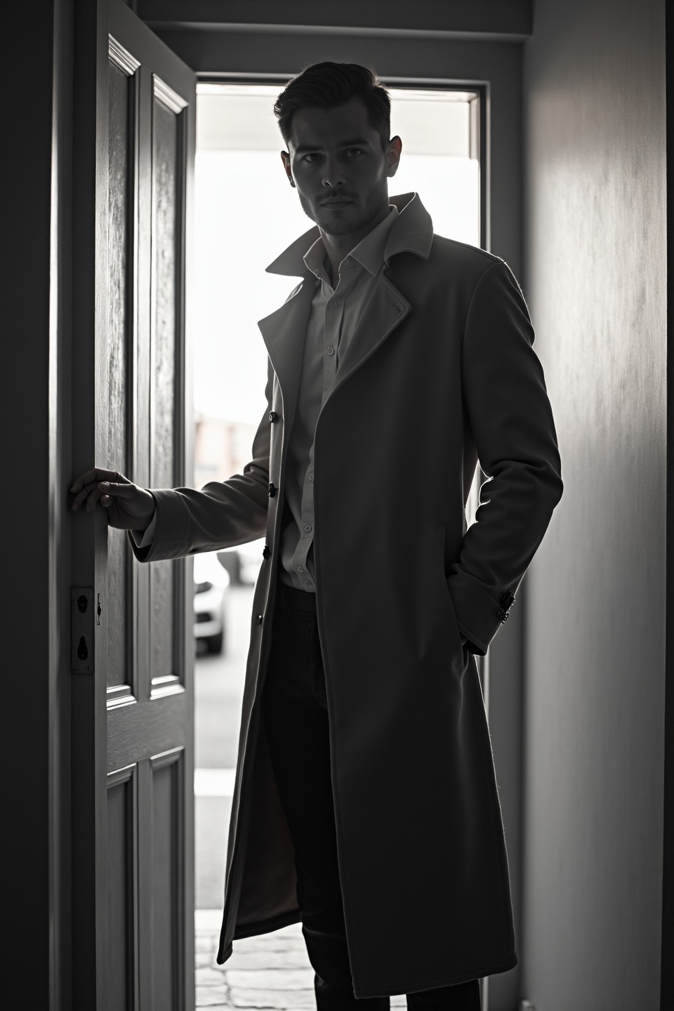 AI generated image by FLUX.1-image-to-image: black-and-white photo with the backlit dark silhouette of a handsome broad-shouldered man in a trench coat standing in a doorway coming and looking to camera. 
The man touching the door, as if he just entered the room. God rays. Backlight. Overexposed street background 