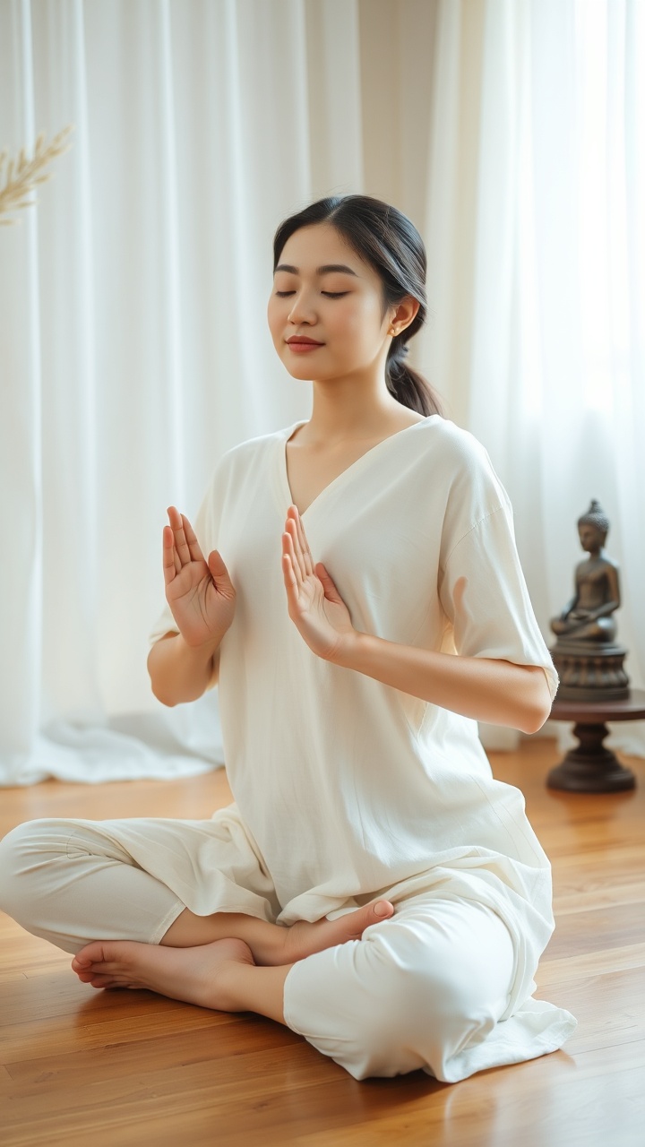 AI generated image by FLUX.1-schnell: Portrait of a beautiful 23-year-old Vietnamese woman in meditation pose on wooden floor, soft natural lighting through sheer curtains, wearing simple linen clothing in cream or white, eyes gently closed with peaceful expression, hands in mudra position, small Buddha statue or incense in background, minimalist zen space with natural elements, warm and calming color tones, focus on inner peace and self-love, professional portrait photography, conveying wisdom and spiritual strength