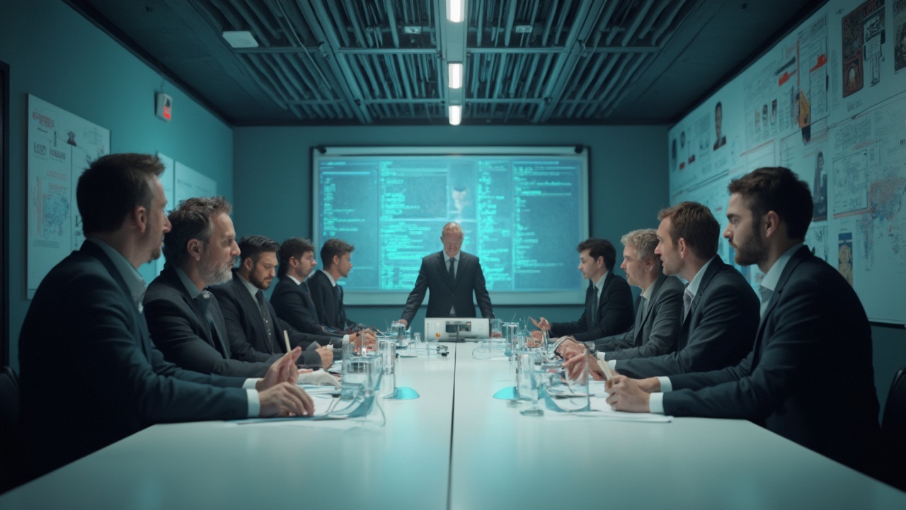 AI generated image by FLUX-Realism-Lora: A robotics professor having his weekly meeting with his 11 male phd students in their meeting room