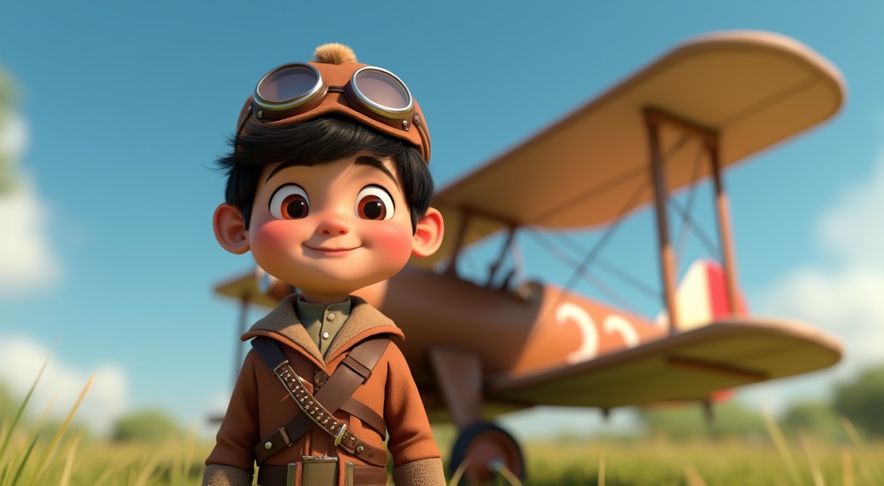 AI generated image by FLUX.1-pro: "A cheerful young boy with short black hair and bright eyes wears a traditional Ottoman-inspired pilot uniform with historic Turkish details, including a brown pilot's hat and goggles. The boy stands proudly in front of an early 20th-century Ottoman aircraft, smiling warmly." The scene takes place on a sunny day with a clear blue sky, surrounded by green grass and a few trees. The aircraft has a wooden frame and fabric wings, reflecting the early era of aviation. designed, the atmosphere is hopeful and inspiring." cartoon, 3D