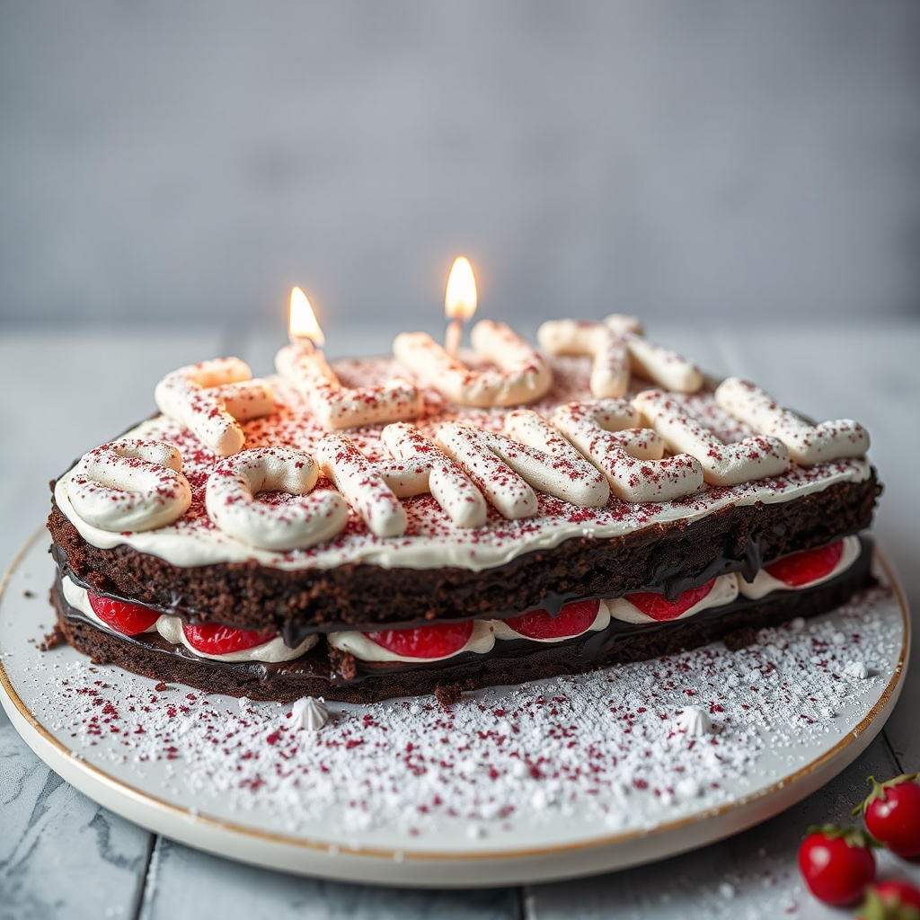 AI generated image by FLUX.1-schnell: black forest gateau cake spelling out the words "FLUX SCHNELL", tasty, food photography, dynamic shot