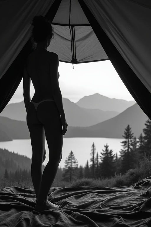 AI generated image by FLUX.1-image-to-image: The black and white photo of a naked woman standing inside a tent, facing a scenic view of a lake and mountains, with her back to the viewer.

