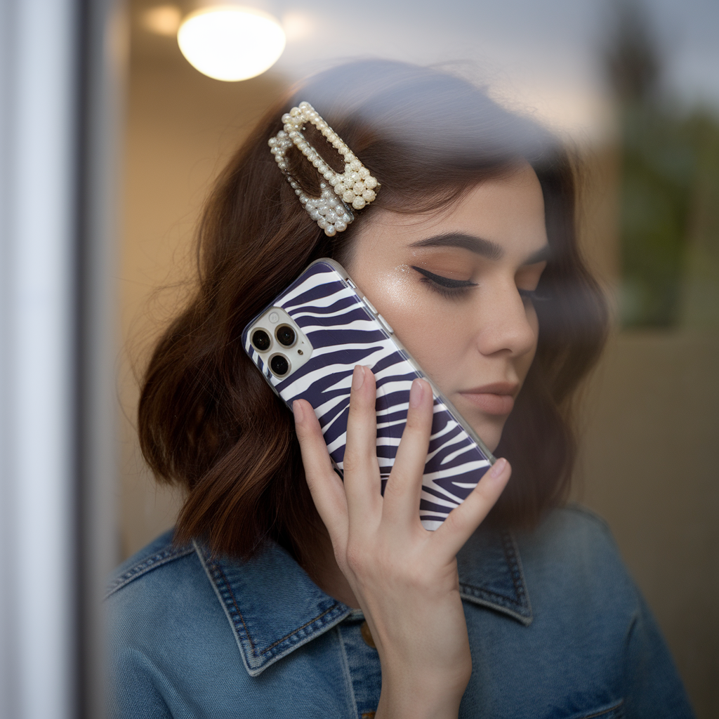 AI generated image by ideogram 2.0: Pearl-encrusted snap clips gleam softly amid sleek chocolate brown strands, framing the centre part with delicate shimmer as they catch the gentle glow from a bathroom window. Her calm, glass-skin face reflects a quiet confidence, lips parted slightly while holding a zebra-print phone case caught in the mirror’s edge. Fine flyaways brush the edges of her dewy cheeks, skin pores evident in the soft light, while her relaxed denim collar peeks in below. The shot tilts just so, a casual mirror selfie that feels both spontaneous and polished, the clips truly stealing the scene. —authentic iPhone close-up, statement hair-clip focus