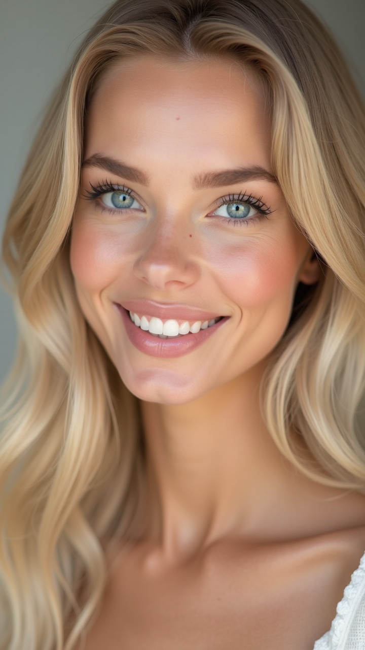 AI generated image by FLUX.1: Hyper realistic portrait photo with head and shoulders of beautiful petite blonde with model features, early 20s, bust, upper body shot, visible shoulders. FACE STRUCTURE: Elegant oval-shaped face with pronounced high cheekbones, refined bone structure, delicate feminine jawline. EYES: Large, wide-set, rounded almond-shaped eyes with striking blue-cerulean iris color, rich saturated tone between deep blue and bright azure. Hyper-detailed iris texture with visible crystalline patterns, natural eye moisture, realistic light reflections on cornea, subtle red capillaries in the sclera, natural catchlights. EYELASHES: Natural full lashes, visible individual lash strands, no heavy mascara look, naturally prominent and defined. NOSE: Straight refined nose with softly rounded tip, delicate nostrils, subtle skin texture visible on the nose bridge. LIPS: Medium-full lips with well-defined natural lip contour, soft pink natural color, visible subtle lip texture and fine vertical lines. EXPRESSION: Warm genuine smile showing natural crow's feet wrinkles near eyes, authentic laugh lines, eyes sparkling with kindness, approachable and memorable expression. SKIN: Flawless yet realistic skin with visible pores, subtle skin texture, natural micro-imperfections, visible fine vellus hair on face, subsurface scattering showing blood flow beneath skin, realistic capillaries, natural skin tone variations, no airbrushed plastic look. HAIR: Voluminous lush blonde hair, luxurious flowing waves, individual hair strands visible, natural flyaway baby hairs, realistic hair shine and highlights, strand-level detail. SHOULDERS AND NECK: Graceful neck, natural collarbone definition, elegant posture, soft skin texture on décolletage area. TECHNICAL: 8K UHD resolution, RAW photograph, shot on Hasselblad H6D-400c, 100mm lens, f/2.0 aperture, soft natural diffused lighting, shallow depth of field, studio portrait, clean neutral background, magazine editorial quality, photorealistic, lifelike, head and shoulders composition. --no illustration, painting, digital art, CGI, cartoon, anime, plastic skin, airbrushed, overly smooth skin, doll-like, artificial, heavy makeup, fake lashes, full body, waist visible