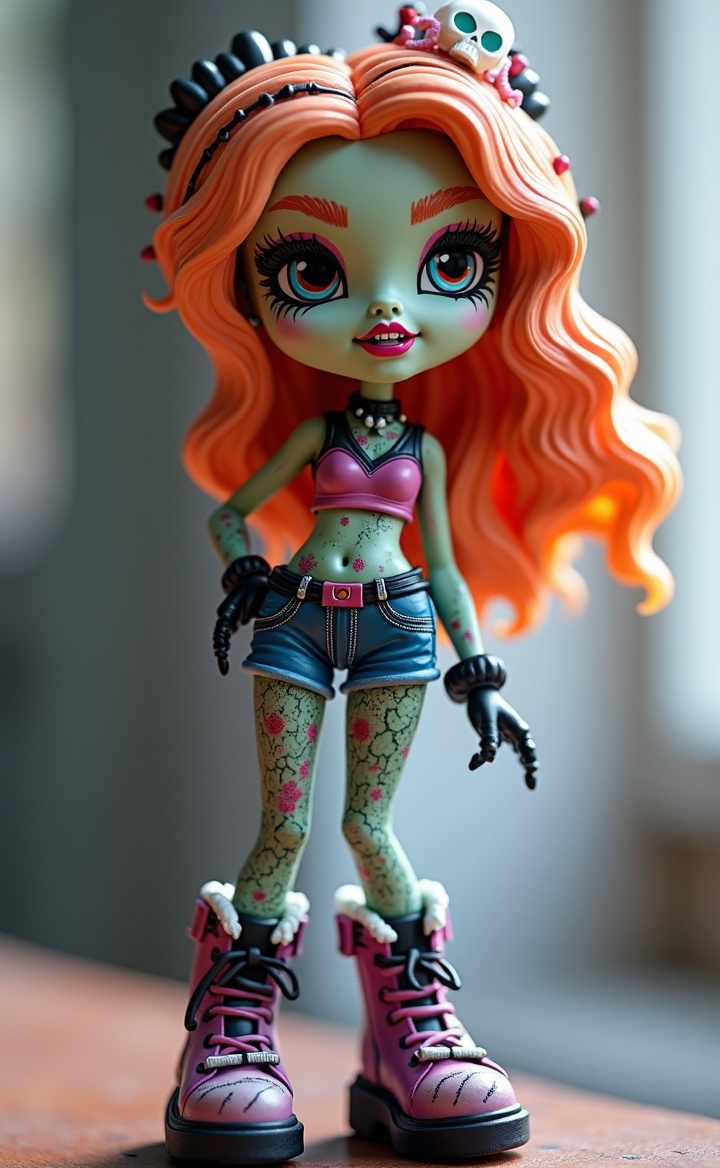 AI generated image by FLUX.1-image-to-image: Create a Monster High-style vinyl figurine (approximately 5 inches tall) based on a provided photograph of a girl. Transform her appearance into a vibrant, gothic, and monstrous character while retaining recognizable features from the photo. The figurine should have exaggerated, stylized proportions typical of Monster High: large eyes, small nose, and a slender body. Incorporate a monster theme (e.g., vampire, werewolf, zombie, or mermaid) that complements her personality or appearance in the photo. Use bold, contrasting colors for her outfit, hair, and accessories, inspired by Monster High's signature fashion (e.g., lace, leather, spooky patterns like bats or skulls). The outfit should be trendy and detailed, with elements like platform boots, fingerless gloves, or a statement necklace. Add a unique monstrous detail, such as fangs, stitched skin, or glowing eyes, to emphasize the Monster High aesthetic. Ensure the figurine is posed dynamically on a small stand, with intricate detailing and a glossy finish. The background should be a simple, transparent base to highlight the figurine.