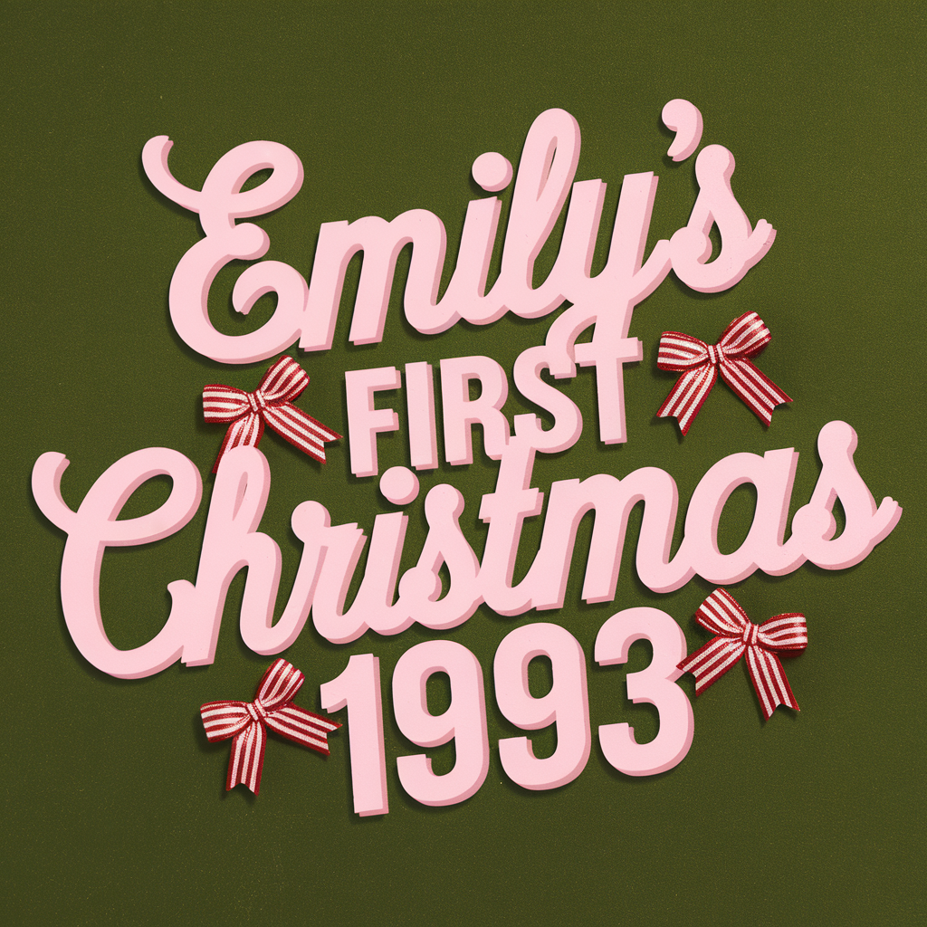 AI generated image by ideogram 2.0: Emily's First Christmas 1993 Pink Text Design