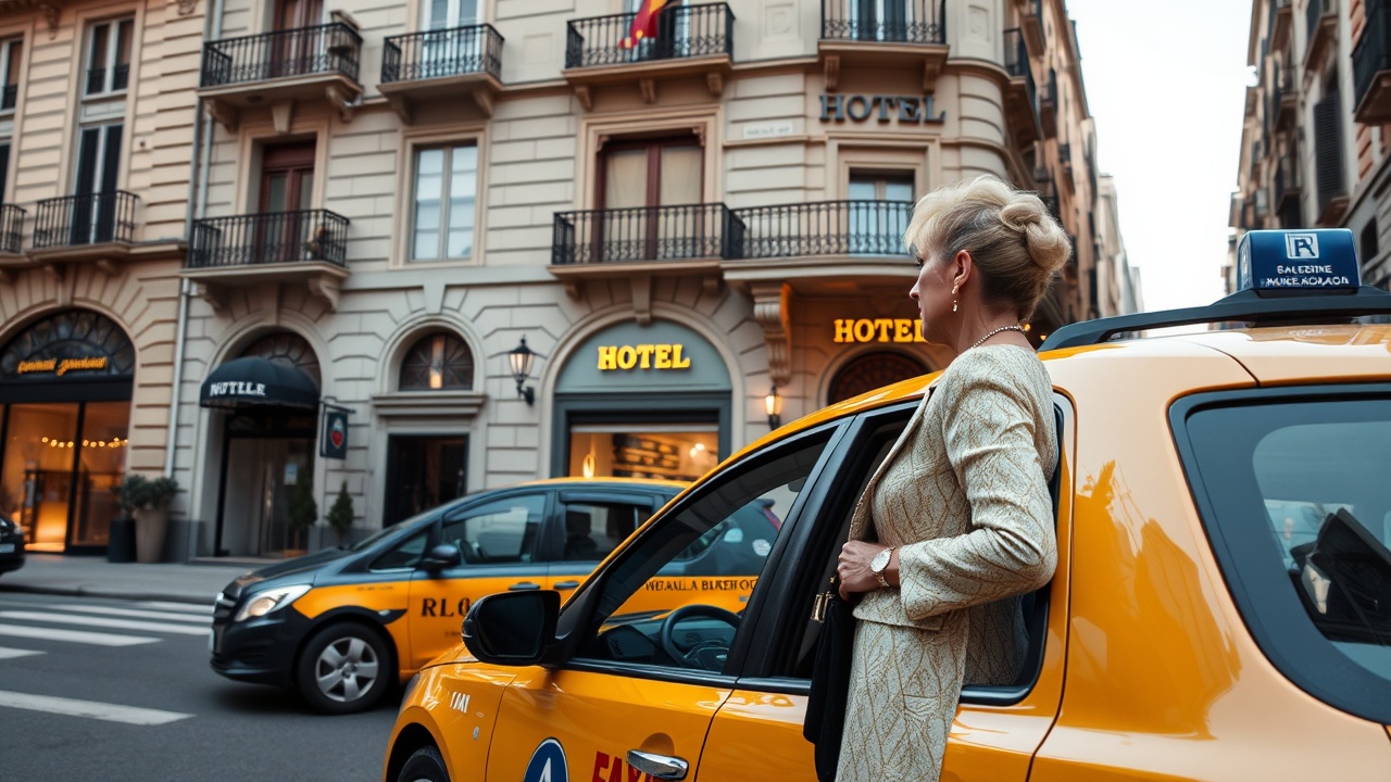 AI generated image by FLUX.1-schnell: crear imagen de una calle con un taxi de Barcelona aparcado frente a un hotel del que baja una señora elegante de unos cuarenta años y se queda frente al hotel mirándole de espaldas a la calle