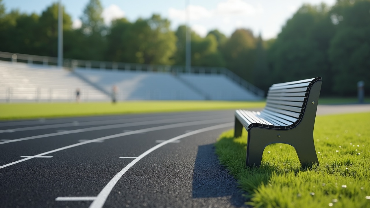 AI generated image by FLUX.1-pro: A realistic photograph of a simple modern metal bench with a running track in the background. The bench should take up the lower right corner of the composition, and sit off to the side of the track in short grass, gravel or another unobtrusive outdoor surface. The track and scenery takes up the upper left two thirds of the composition. The track itself should take up as much of the background and width of the image as possible while still looking realistic in perspective. The running track is made of black rubber turf with white stripes, and the curved part of the track is what is visible to the camera. There should be no bleachers or buldings visible. The photo should include sky and trees off in the far distance with lens blur, while the box and the bench should be in full focus. 