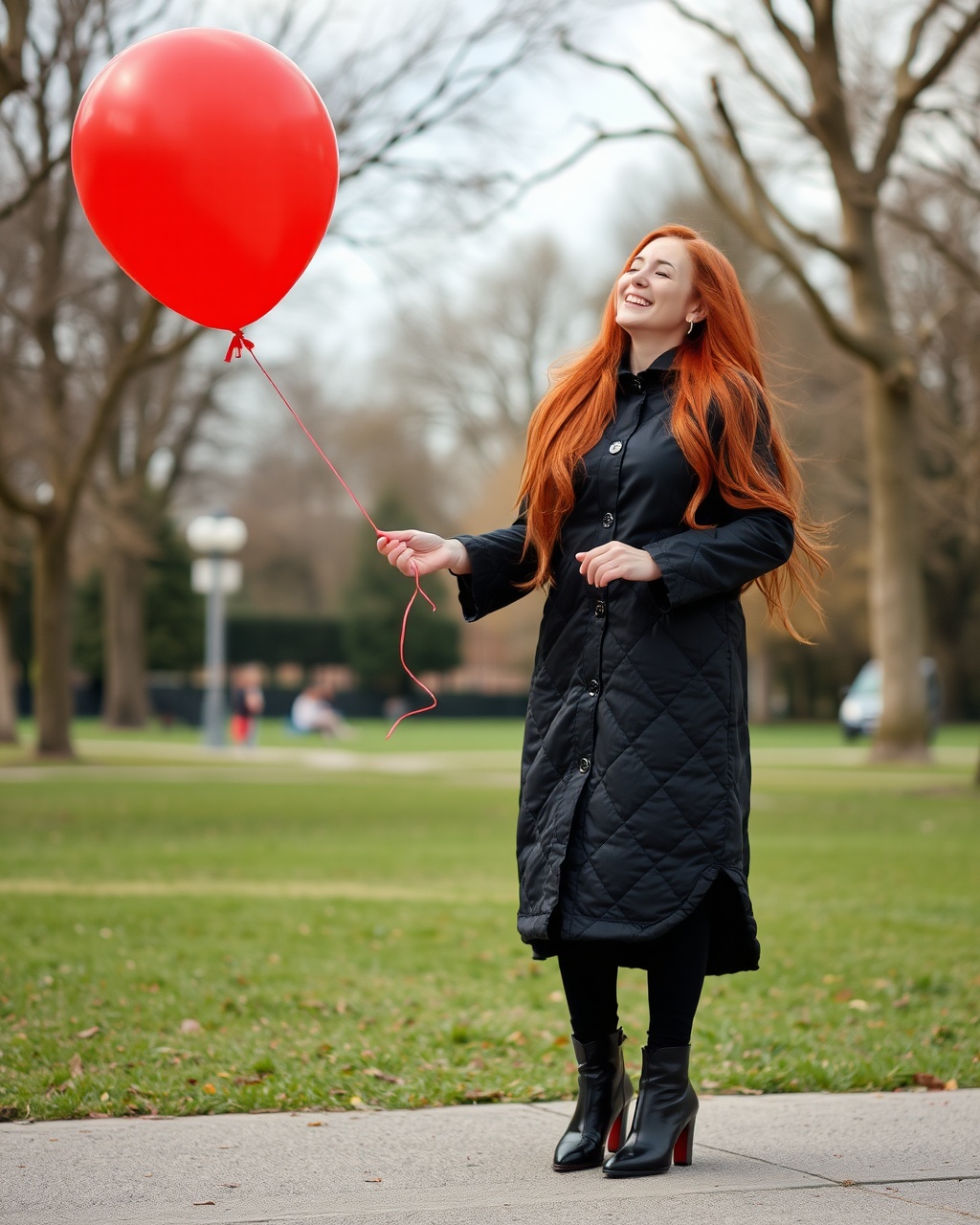 AI generated image by FLUX.1-schnell: Erstelle ein fotorealistisches Bilder einer Frau mit langen roten Haaren. Sie trägt einen schwarzen glänzenden Daunenmantel und schwarze Stiefel. In der Hand hält sie an einer Schnur einen großen roten Heliumballon. sie befindet sich in einen Park und lacht.