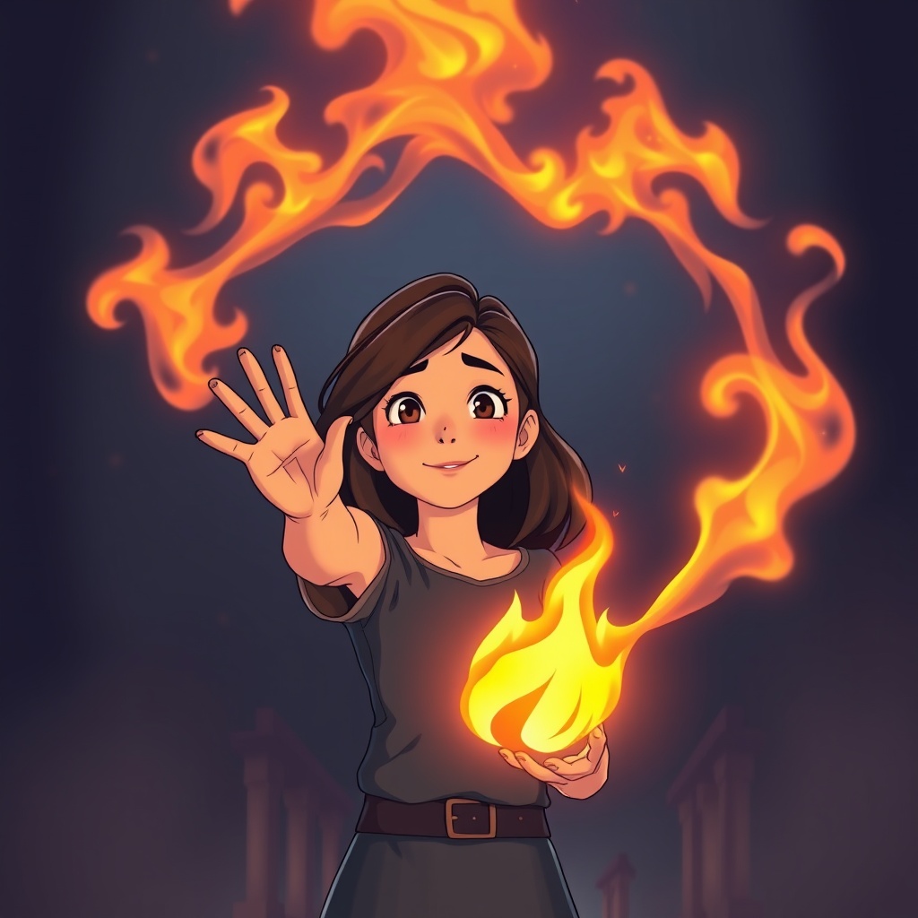 AI generated image by FLUX.1-schnell: A girl snaps her fingers and creates a beautiful fire in front of her. Animated