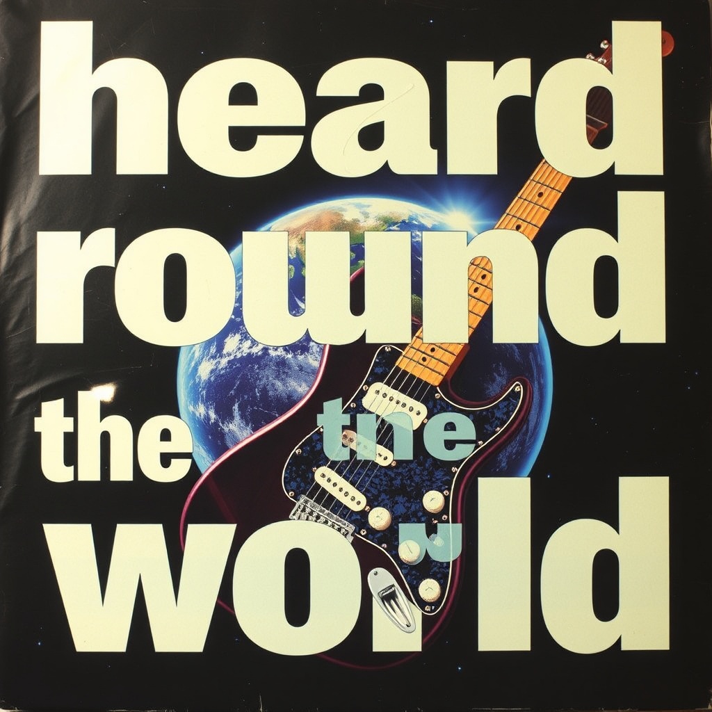 AI generated image by FLUX.1-schnell: Create a retro funk'70s album cover in large letters in the front site "heard round of the world" 
Put a Stratocaster guitar with an earth behind it and