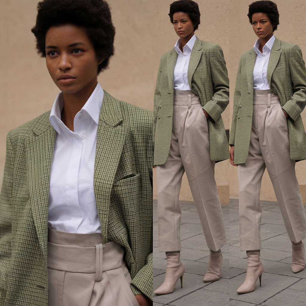 AI generated image by ideogram 2.0: Magazine-style fashion. modelo negra, com vestimenta de alto padrão, sapatos alto, cabelos afro, alto realismo, olhos castanhos