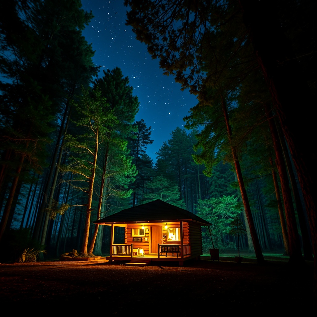 AI generated image by FLUX.1-schnell: una cabaña rústica en medio del bosque nocturno, estilo paisaje