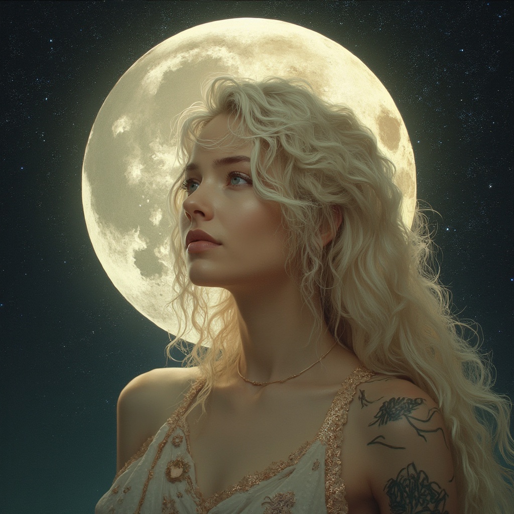 AI generated image by FLUX-Realism-Lora: moon, blonde woman, zodiac