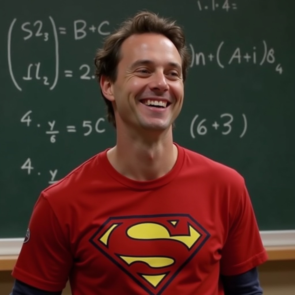 AI generated image by FLUX.1: Sheldon Cooper from Big Bang Theory wearing a red superhero t-shirt smiles mischievously in front of a blackboard with quantum physics equations. 