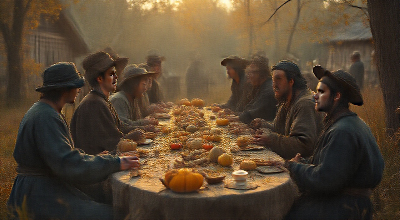 AI generated image by FLUX.1-pro: "A historically authentic cinematic photograph of the first Thanksgiving in Massachusetts, ca. 1621; Pilgrims in plain, dark attire with wide-brimmed hats and bonnets sit at a rustic wooden table outdoors, sharing a humble feast of corn, squash, wild fowl, and fish with Wampanoag tribespeople, who wear traditional deerskin clothing, moccasins, and beaded accessories; a backdrop of autumn foliage and a simple Pilgrim settlement, with wooden cabins and a thatched roof meetinghouse; the scene bathed in soft, golden light of the setting sun, evoking a peaceful yet solemn tone; attention to historical detail in clothing, tableware, and setting. [tags start here] cinematic, historical photography, realistic, vibrant."