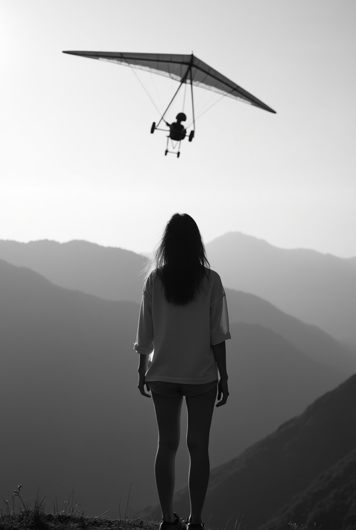 AI generated image by FLUX.1: Black and white photo of a young woman's back stands on cliff lifted her shirt to show her breasts to a hang glider flying overhead. Sky background. Backlight 
