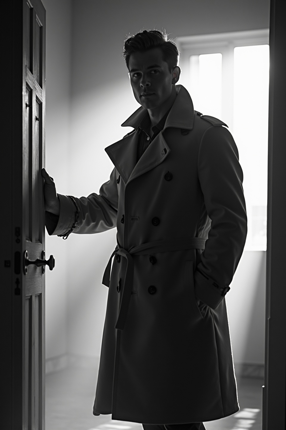 AI generated image by FLUX.1-image-to-image: black-and-white photo with the backlit dark silhouette of a handsome broad-shouldered man in a trench coat standing in a doorway coming and looking to camera. 
The man holding the door handle, as if he just entered the room. God rays. Backlight 