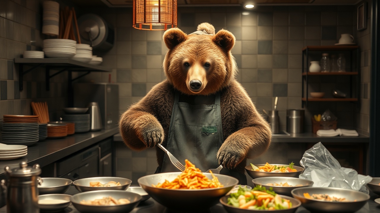 AI generated image by FLUX.1-schnell: a bear cook in a japanese restaurant kitchen