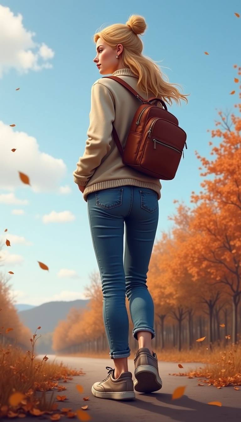 AI generated image by FLUX.1-image-to-image: A young blonde woman walking in an autumn scene, wearing a sweater, jeans, and sneakers, backpack, hyper-realistic, detailed