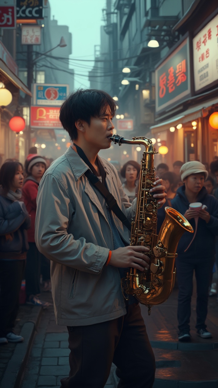 AI generated image by FLUX-Realism-Lora: A realistic and highly detailed photo of a South Korean jazz musician performing on a city street. The musician plays a saxophone with passion, surrounded by a small crowd. The setting is a vibrant urban area in South Korea, with modern buildings, signs in Korean, and evening lights adding a warm glow. The musician wears casual clothing, and the atmosphere is lively yet intimate, capturing the charm of a spontaneous street performance