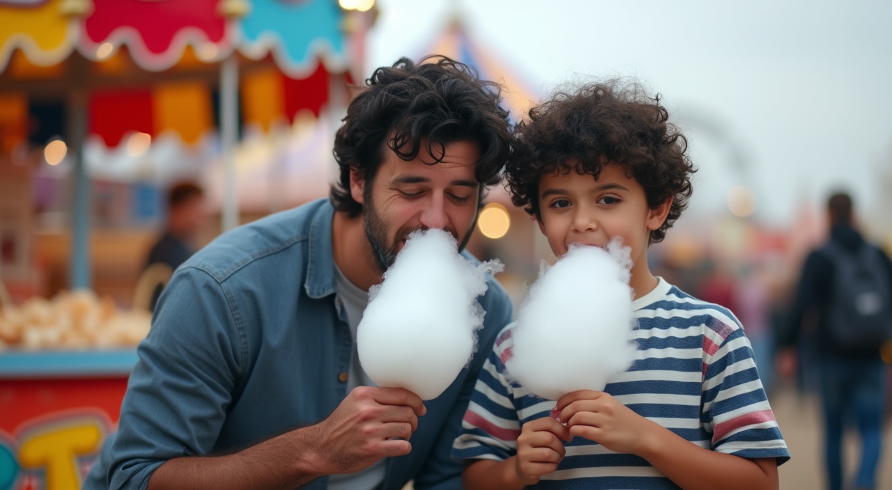 AI generated image by FLUX.1-pro: the main motif is a boy with black curly hair and his father, also with black hair. the two are in the right side of the picture eating the same white cotton candy. the father is taller than the boy and has to bend down to take a bite. in the background you can see the stalls and rides of a fairground in a blur.