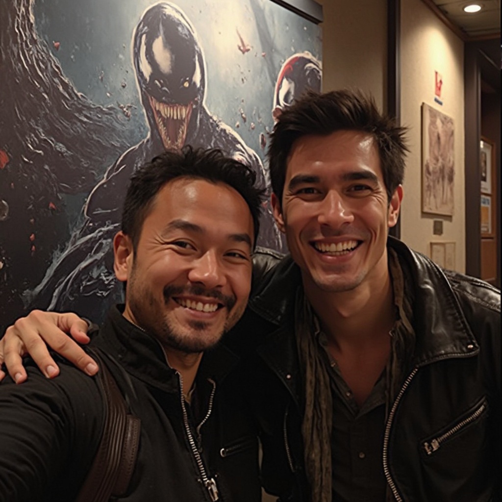 AI generated image by FLUX-Realism-Lora: IMG_1024.HEIC hadsome Malay in cinema  selfie with his friendship in Venom poster behind them