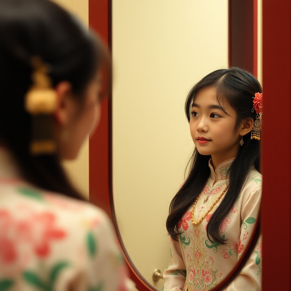 AI generated image by FLUX.1-schnell: A beautiful Chinese girl looking at her reflection in a mirror
