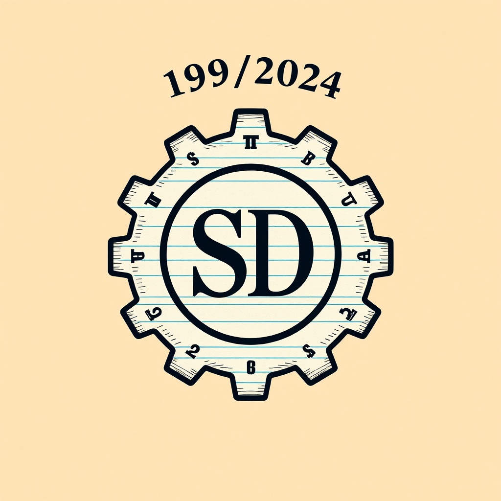 AI generated image by FLUX.1-schnell: create a coat of arms for my CV to be a mechanical gear of a notebook and in the middle the initials SD and insert the number 169/2024 above
