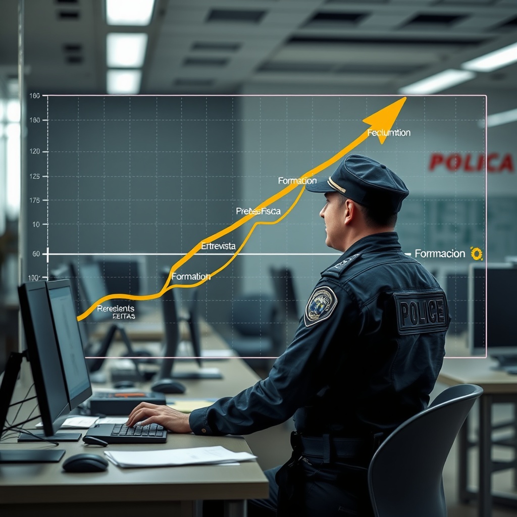 AI generated image by FLUX.1-schnell: "Cree una imagen donde un policia de colombia analista de datos esté trabajando en una estación de trabajo, con un grafo dirigido de fondo. El grafo debe representar una ruta de selección de personal para la Policía Nacional de Colombia. En el grafo, se deben visualizar nodos que representen diferentes etapas del proceso de selección, como 'Reclutamiento', 'Pruebas Físicas', 'Entrevista', 'Examen Médico', y 'Formación'. Las aristas dirigidas deben mostrar el flujo de una etapa a otra, indicando la secuencia del proceso. El analista de datos debe estar observando el grafo con atención, posiblemente utilizando herramientas de análisis de datos en su pantalla, policia nacional de colombia."