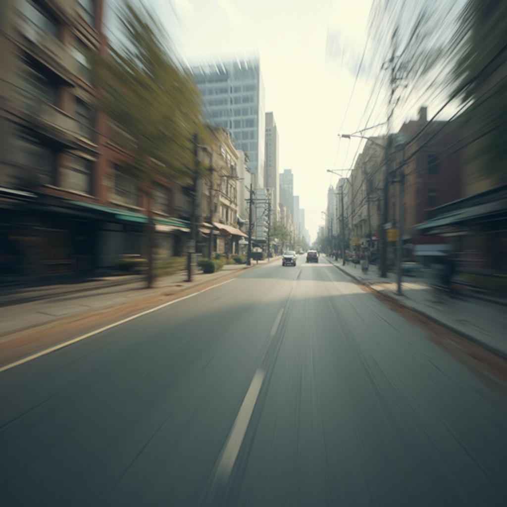 AI generated image by FLUX-Realism-Lora: day speed empty street motion blur central perspective