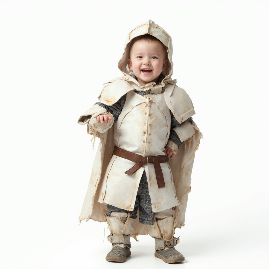 AI generated image by FLUX-Realism-Lora: A photorealistic image of a young child with white skin, standing proudly and smiling in a creative, homemade costume made entirely from DIY store materials. 
The costume is slightly rough but full of creativity, showing visible tape, paint, and hand-crafted details, giving it a charming DIY feel. The child has a joyful and confident expression, standing in a proud knightly stance, excited for the school party tomorrow.
The background is completely white, making the image clean and professional while focusing on the child and their homemade armor. The lighting is soft and even, enhancing the realistic and high-quality photography effect. The image should be ultra-realistic, capturing every detail of the materials, facial features, and textures to create a charming, lifelike scene
